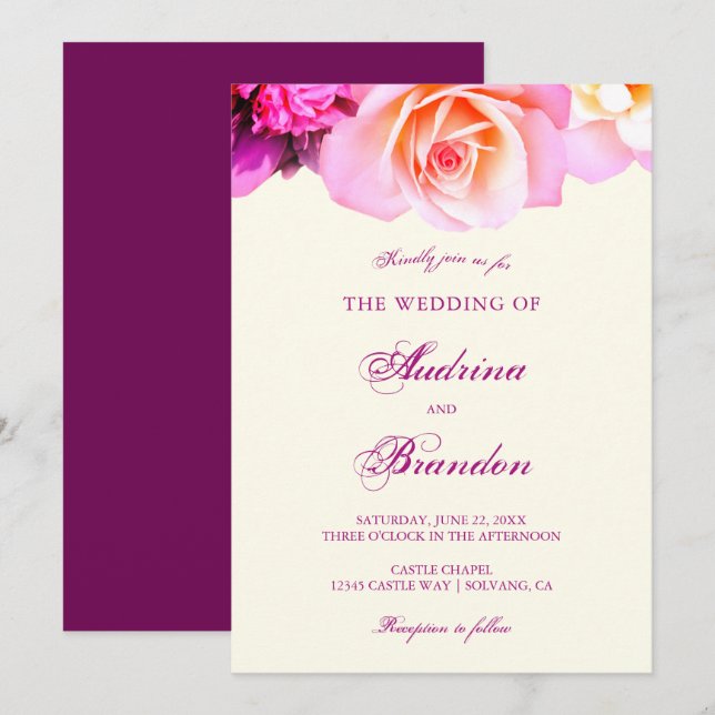 Invitación Romántica Fuchsia Floral Elegante Boda (Anverso / Reverso)