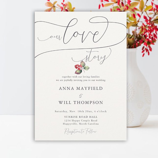 Invitación Romántica historia de amor invierno Berries elegan (winter red berries love story romantic elegant wedding invitation minimalist classy country rustic)
