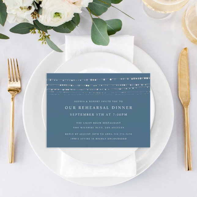 Invitación Romántica luz de hadas ensayo cena azul (Subido por el creador)
