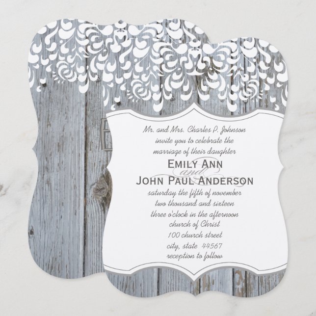 Invitación Romántica Madera de grano y elegante boda de encaj (Anverso / Reverso)