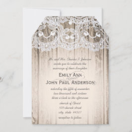 Invitación Romántica Madera de grano y elegante boda de encaj