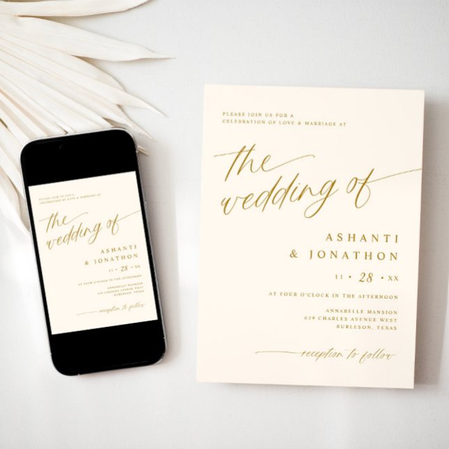 Invitación Romántica marfil de oro moderno en un Boda (Gold and light cream wedding invitation - downloadable - elegant, romantic, soft)