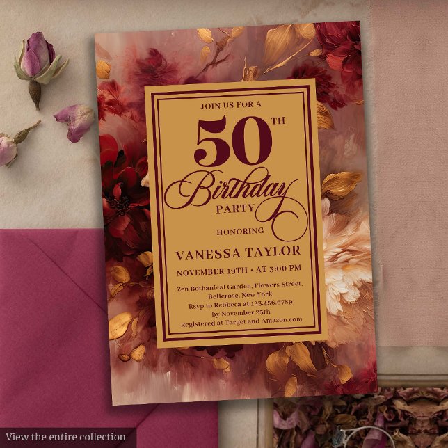 Invitación Romántica marsala rubia dorada floral 50 cumpleaño (Romantic marsala blush gold floral 50th birthday card

)