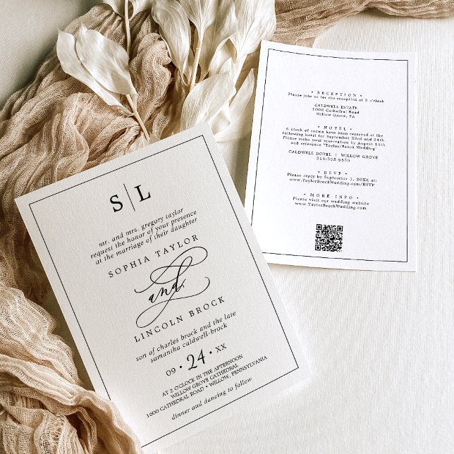 Invitación Romántica Moda Negra Tradicional Todo En Un Boda (Romantic Black Chic Traditional All In One Wedding Invitation)