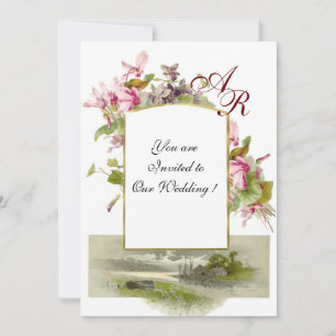 Invitación ROMANTİCA MONOGRAM /CICLISMOS,blanco verde rosa