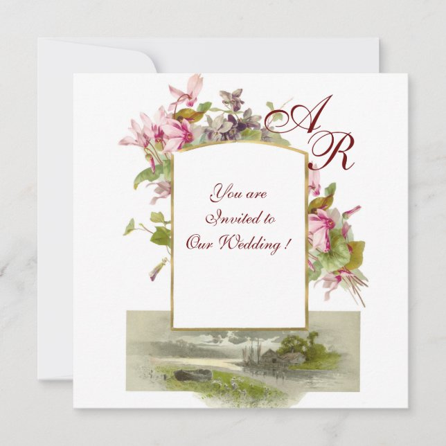 Invitación ROMANTİCA MONOGRAM /CICLISMOS,blanco verde rosa (Anverso)