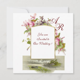 Invitación ROMANTİCA MONOGRAM /CICLISMOS,blanco verde rosa