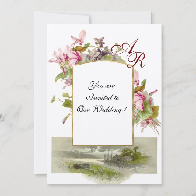 Invitación ROMANTİCA MONOGRAM /CICLISMOS,fieltro verde rosa (Anverso)