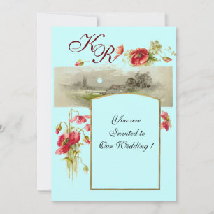 Invitación ROMANTİCA MONOGRAM / POPPIES, rojo, verde, azul
