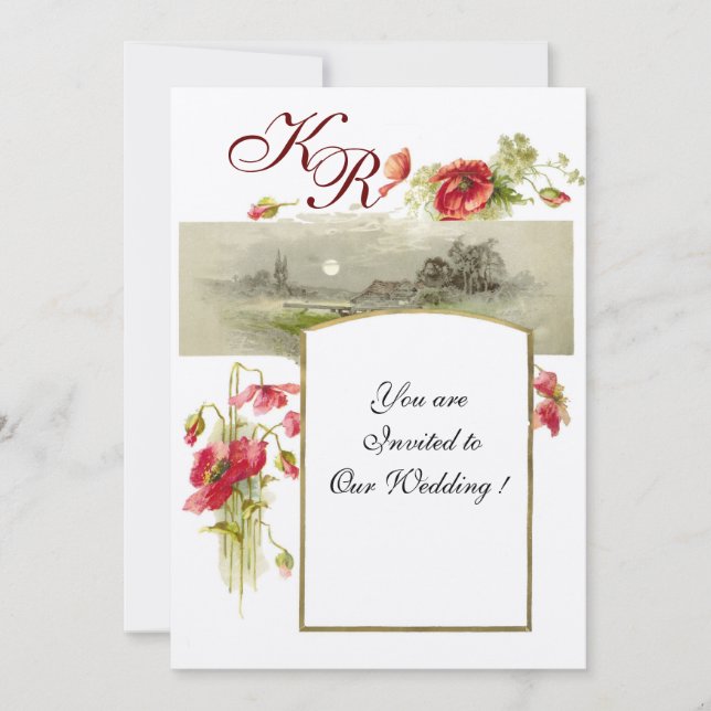 Invitación ROMANTİCA MONOGRAM / POPPIES, rojo, verde blanco (Anverso)