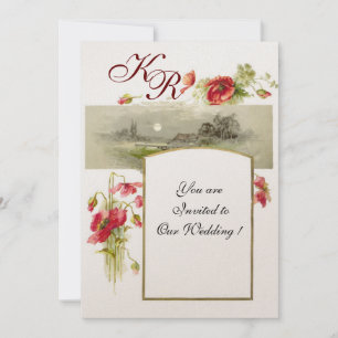 Invitación ROMANTİCA MONOGRAM / POPPIES, rojo, verde blanco