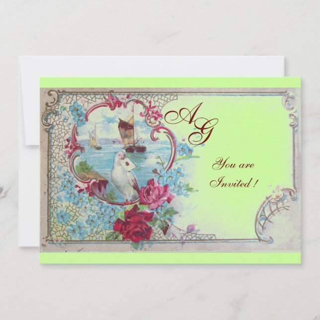 Invitación ROMANTICA MONOGRAM, rojo azul azul rosa verde (Anverso)