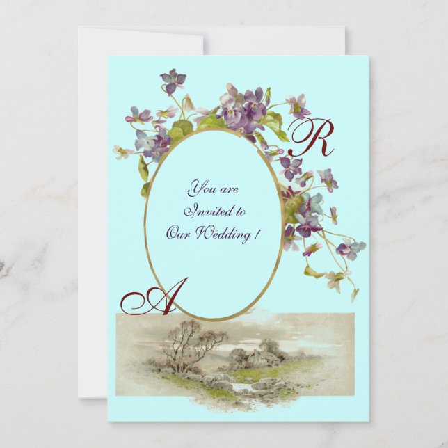 Invitación ROMANTİCA MONOGRAM / VIOLETAS, púrpura verde, azul (Anverso)