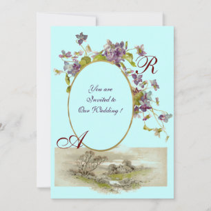 Invitación ROMANTİCA MONOGRAM / VIOLETAS, púrpura verde, azul
