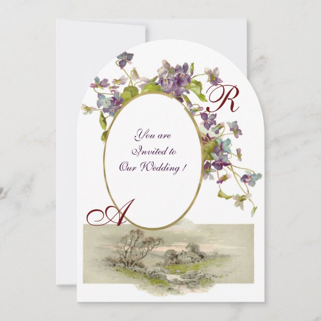 Invitación ROMANTİCA MONOGRAM /VIOLETS,color púrpura verde bl (Anverso)
