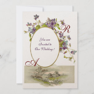 Invitación ROMANTİCA MONOGRAM /VIOLETS,púrpura verde,champán