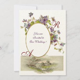 Invitación ROMANTİCA MONOGRAM /VIOLETS, púrpura verde, crema