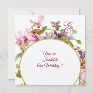 Invitación ROMÁNTICA MONOGRAMA, CICLAMENES ROSAS, Floral