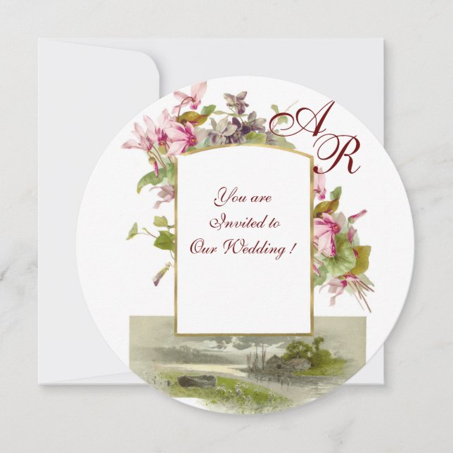 Invitación ROMÁNTICA MONOGRAMA, CICLAMENES ROSAS, Floral (Anverso)