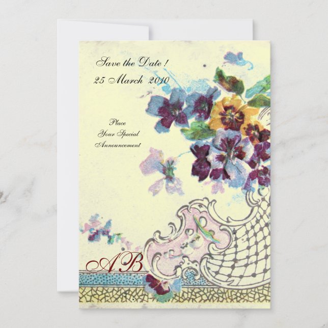 Invitación ROMÁNTICA Monograma Floral de Boda Crema Rosa Azul (Anverso)