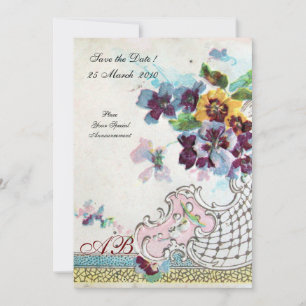 Invitación ROMÁNTICA Monograma Floral Nupcial Rosa Azul Blanc
