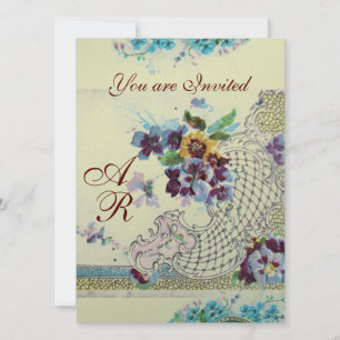 Invitación ROMÁNTICA Monograma floral nupcial rosa azul plate