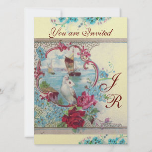 Invitación ROMÁNTICA MONOGRAMA papel metálico champán blanco