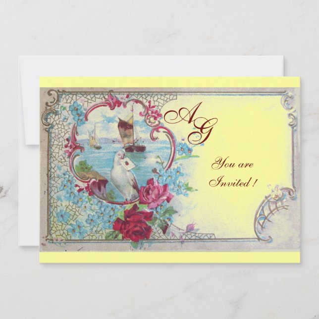 Invitación ROMANTICA MONOGRAMA, rojo azul azul rosa amarillo (Anverso)