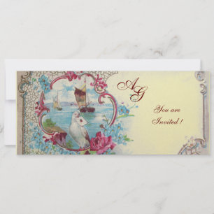 Invitación ROMÁNTICA MONOGRAMA, rojo azul rosa amarillo dorad