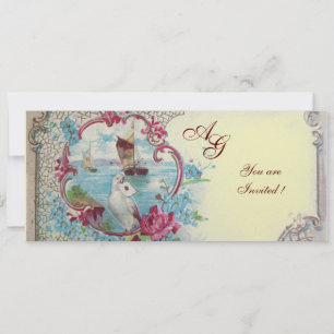 Invitación ROMÁNTICA MONOGRAMA, rojo azul rosa blanco hielo