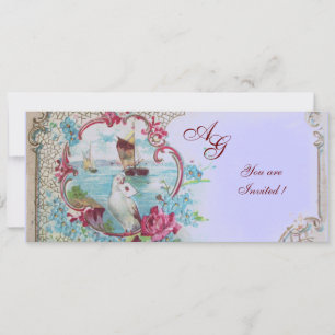 Invitación ROMÁNTICA MONOGRAMA, rojo blanco azul rosa