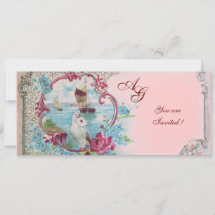 Invitación ROMÁNTICA MONOGRAMA, rojo blanco azul rosa