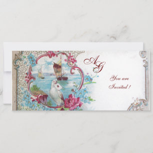 Invitación ROMÁNTICA MONOGRAMA, rojo blanco azul rosa