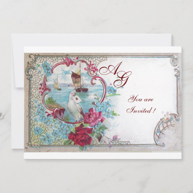 Invitación ROMÁNTICA MONOGRAMA, rojo blanco azul rosa (Anverso)