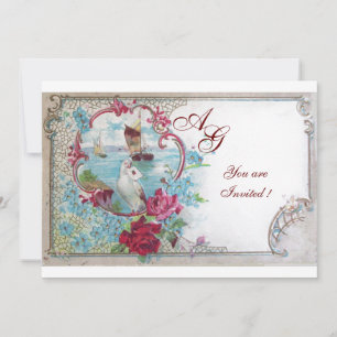 Invitación ROMÁNTICA MONOGRAMA, rojo blanco azul rosa