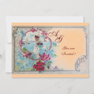 Invitación ROMÁNTICA MONOGRAMA, rojo blanco azul rosa amarill