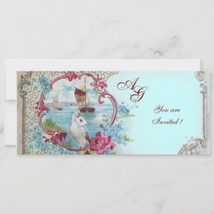 Invitación ROMÁNTICA MONOGRAMA, rojo blanco azul rosa Boda