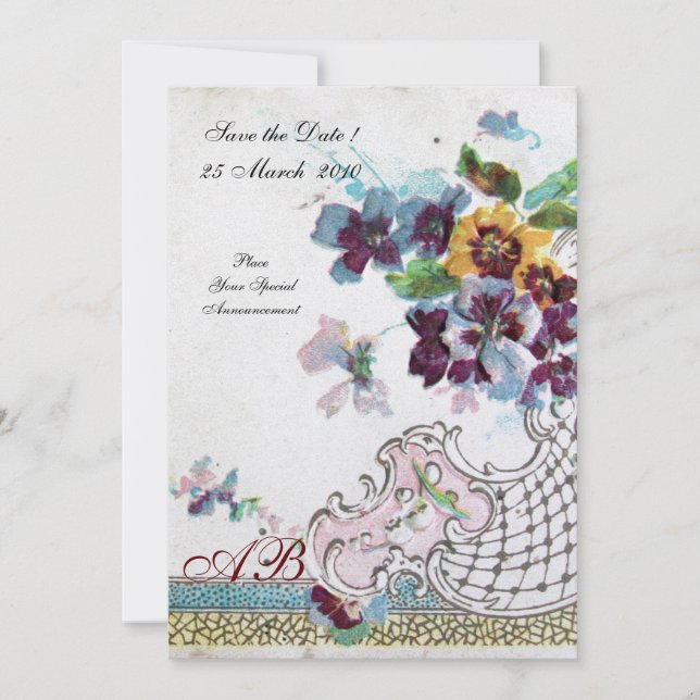 Invitación ROMÁNTICA Pansies de boda florales rosa azul blanc (Anverso)
