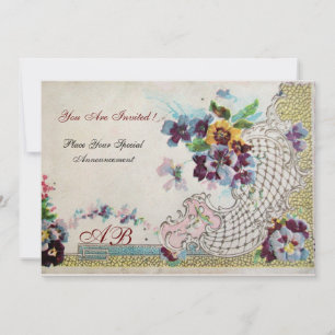 Invitación ROMÁNTICA Pansies Florales Azules Rosadas Blancas 