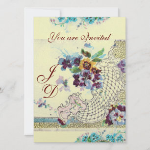 Invitación ROMÁNTICA Pansies Florales Azules Rosadas Blancas 
