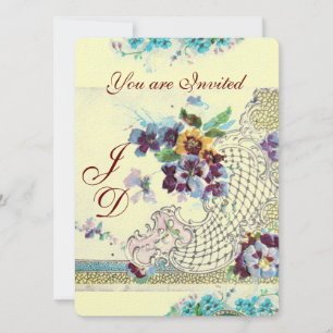 Invitación ROMÁNTICA Pansies Florales de Boda Azules Rosadas 