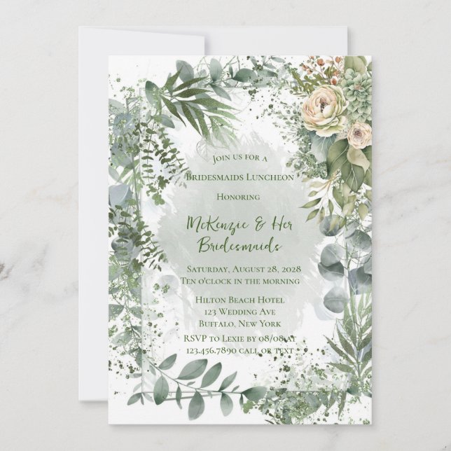 Invitación Romántica Peony Peony Verde Bridesmaids Luncheon (Anverso)