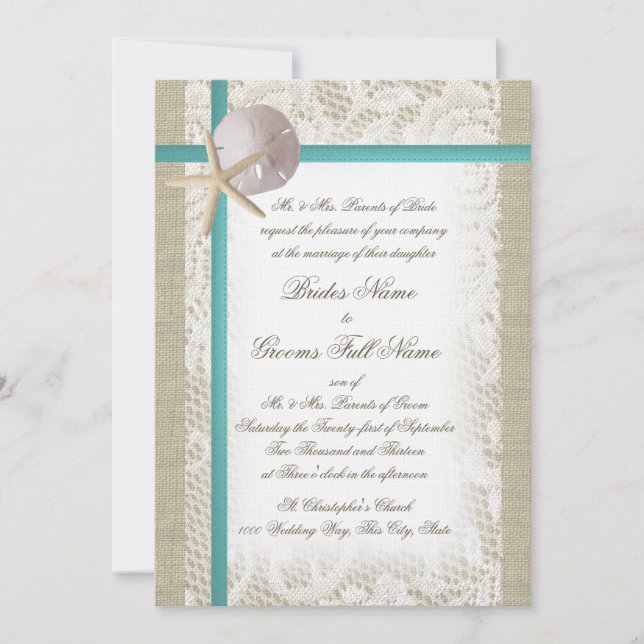 Invitación Romántica playa de Burlap y Lace Aqua (Anverso)