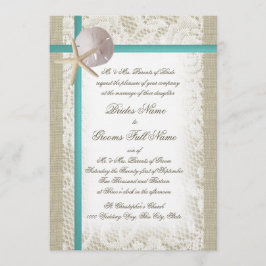 Invitación Romántica playa de Burlap y Lace Aqua