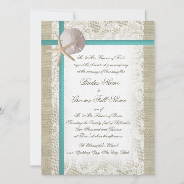 Invitación Romántica playa de Burlap y Lace Aqua (Anverso)