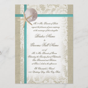 Invitación Romántica playa de Burlap y Lace Aqua
