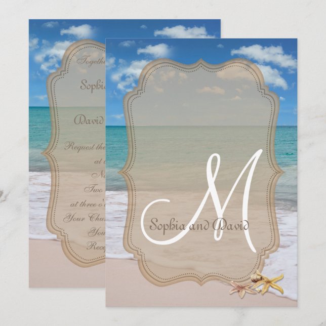 Invitación Romántica playa Starfishes Boda Monograma Invitaci (Anverso / Reverso)
