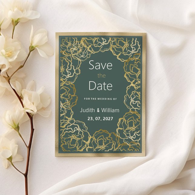 Invitación Romántica polvorienta rosa de oro verde flora Save (Romantic dusty green gold rose flora Save the Date)