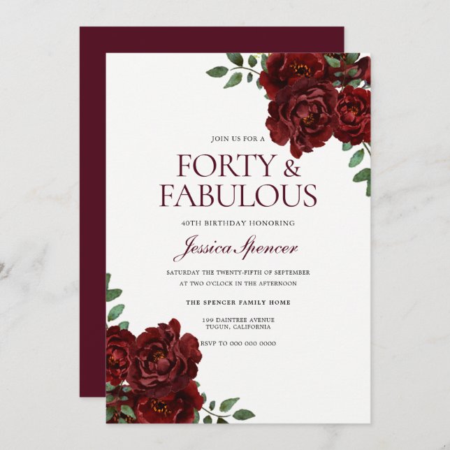 Invitación Romántica Rosa Roja Cuarenta y fabuloso cumpleaños (Anverso / Reverso)