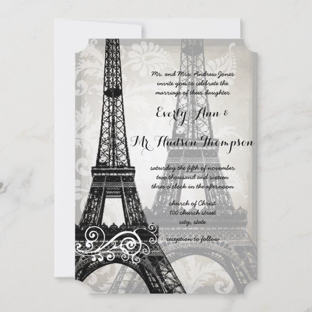Invitación Romántica Torre Eiffel Shadows Damask Wedding (Anverso)